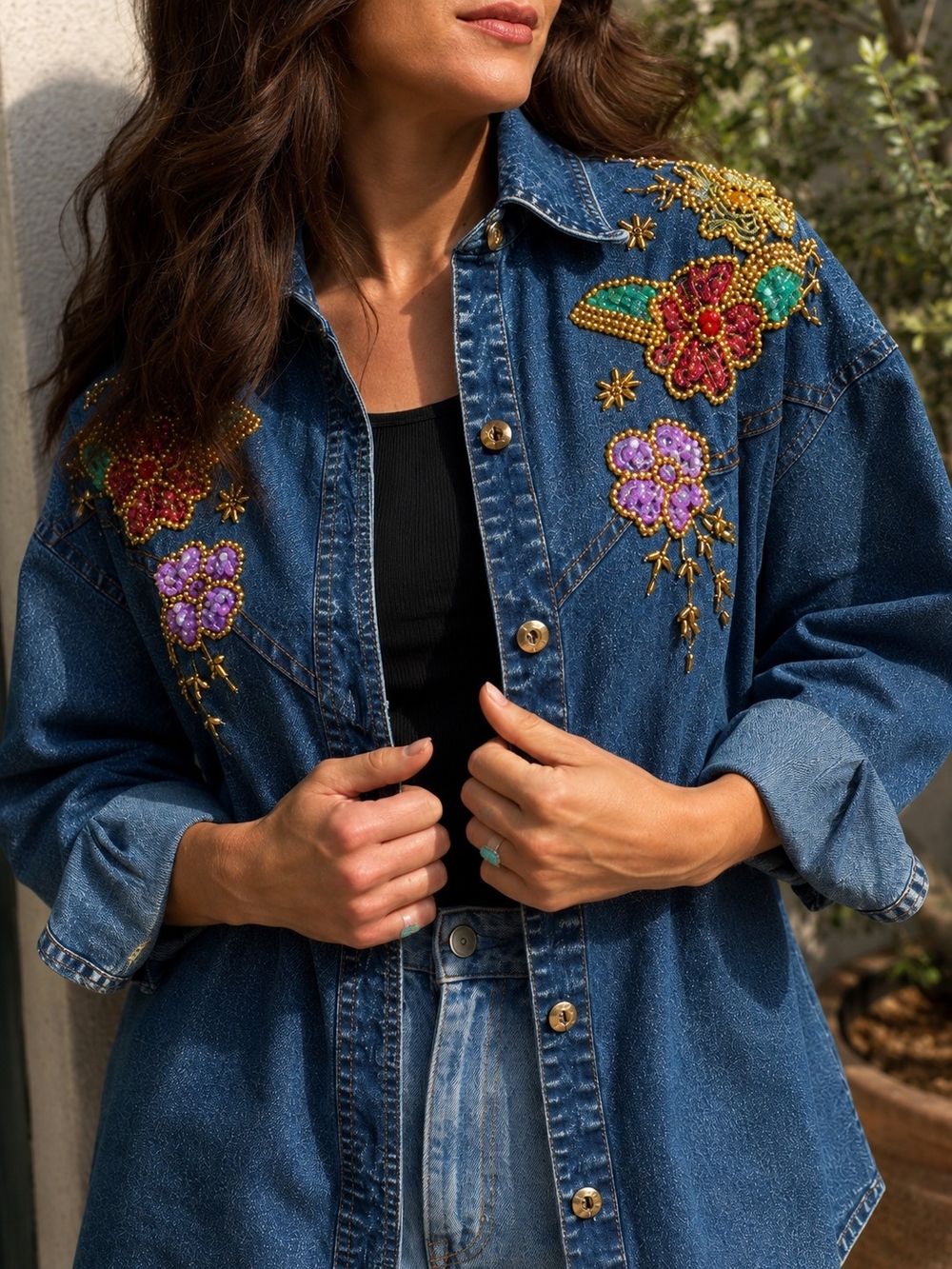 Vintage Pretty Bleu Womens L Denim Shirt Jacket Beaded Sequin Floral Embellished